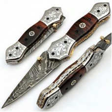 Damascus handmade folding knife beautiful structure with free leather sheath